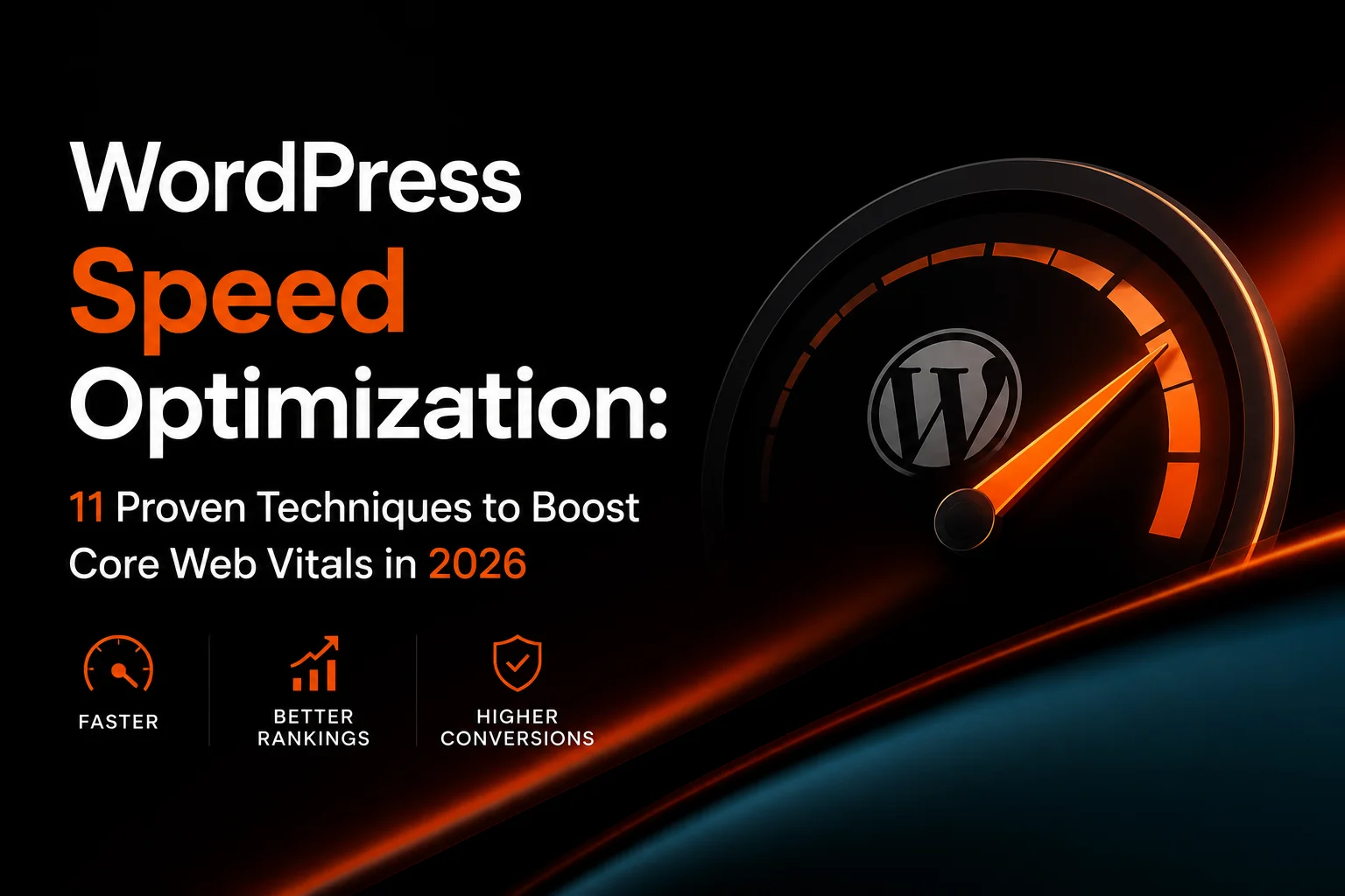Flat illustration of a speedometer inside a browser window representing WordPress speed optimization and faster Core Web Vitals
